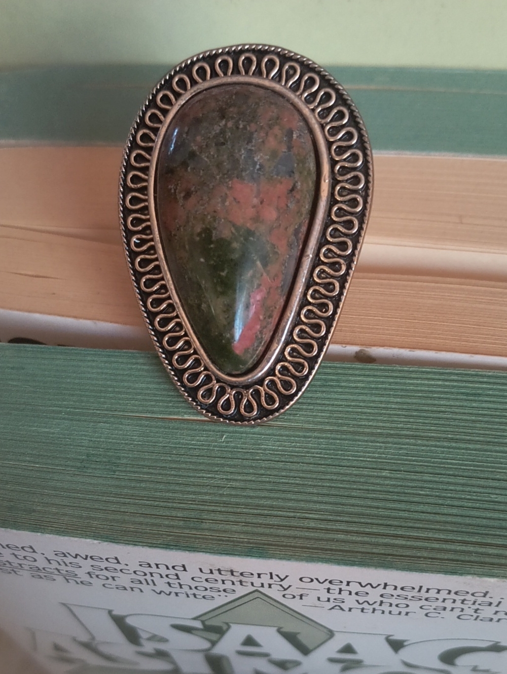 Teardrop Green and Unakite Pink Stone Silver-Tone Statement Ring